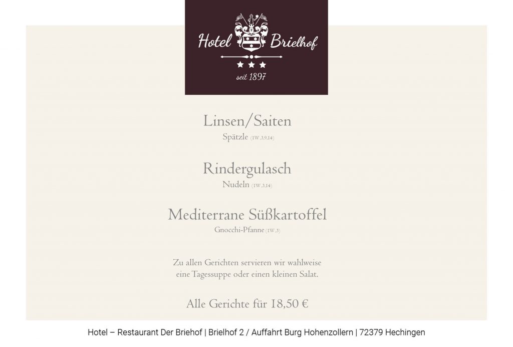 Unsere Lunchgerichte in der Woche vom 29. September bis 2. Oktober 2025 - serviert in der Zeit von 11.30 bis 14.00 Uhr. Linsen mit Spätzle und Saiten, Rindergulasch mit Nudeln und mediterrane Süßkartoffel Gnocchi Pfanne. Zu allen Gerichten serviern wir wahlweise einen kleinen Salat oder eine Tagessuppe. Alle Gerichte zu EUR 18,50.