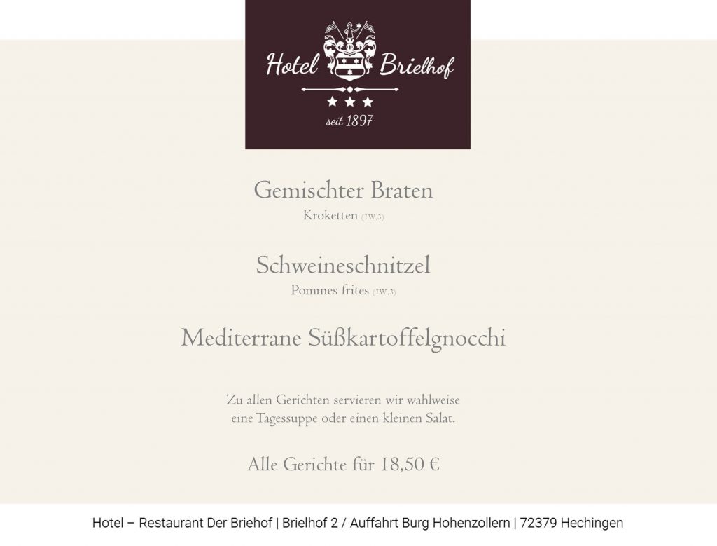 Gerne servieren wir unseren Lunch von 11.30 bis 14.00 Uhr. Gemischter Braten mit Kroketten oder Schweineschnitzel mit Pommes frites und mediterrane Süßkartoffelgnocchi - stehen zur Wahl. Zu jedem Gericht servieren wir wahlweise einen kleinen Salat oder eine Tagessuppe. Alle Gerichte zu EUR 18,50.