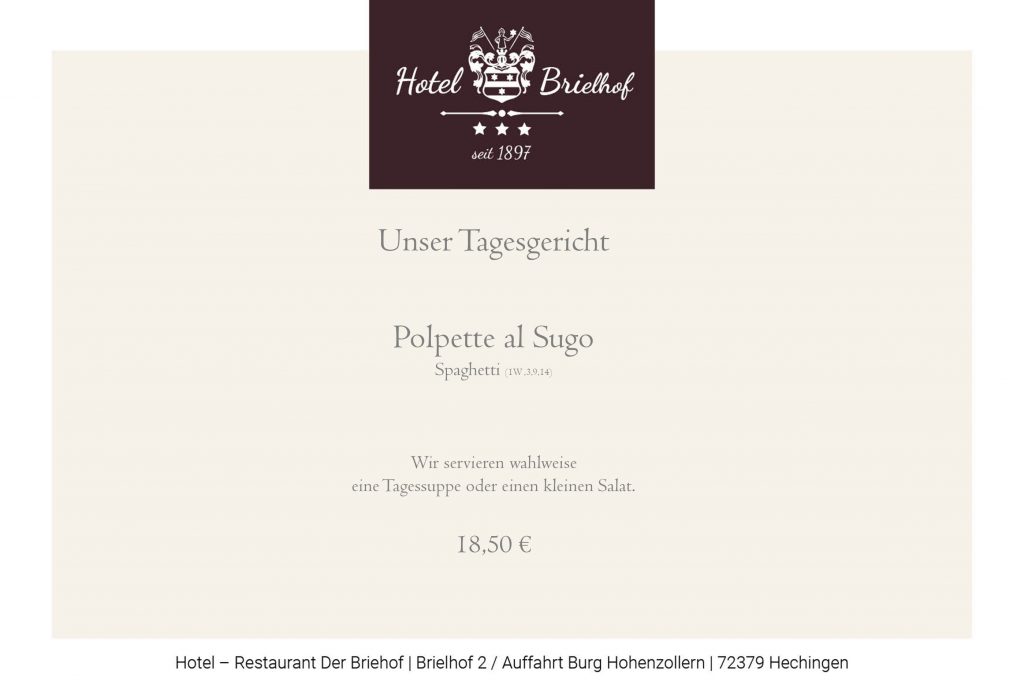 Unser Tagesessen in dieser Woche. Polpette al Sugo mit Spaghetti. Wir servieren vorab wahlweise einen kleinen Salat oder eine Tagessuppe. EUR 18,50