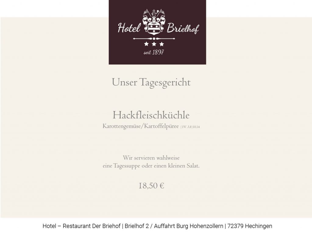 Unser Lunchangebot in dieser Woche. Hackfleischküchle in Rahmtunke mit Karottengemüse und Kartoffelpüree. Dazu servieren wir wahlweise einen Salat oder eine Tagessuppe. EUR 18,50
