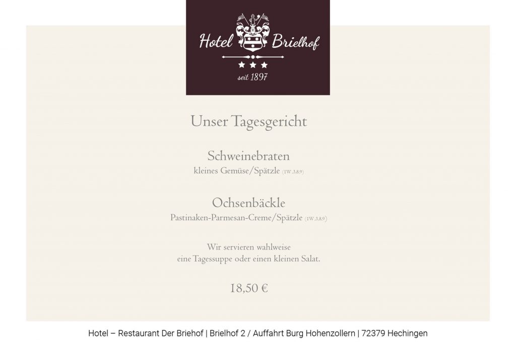 Unsere Lunchgerichte in dieser Woche. Schweinebraten mit kleinem Gemüse und Spätzle sowie Ochsenbäckle mit Parmesan-Creme und Spätzle. Zu allen Gerichten servieren wir einen Salat oder eine Tagessuppe. Alle Gerichte zum Preis von EUR 18,50