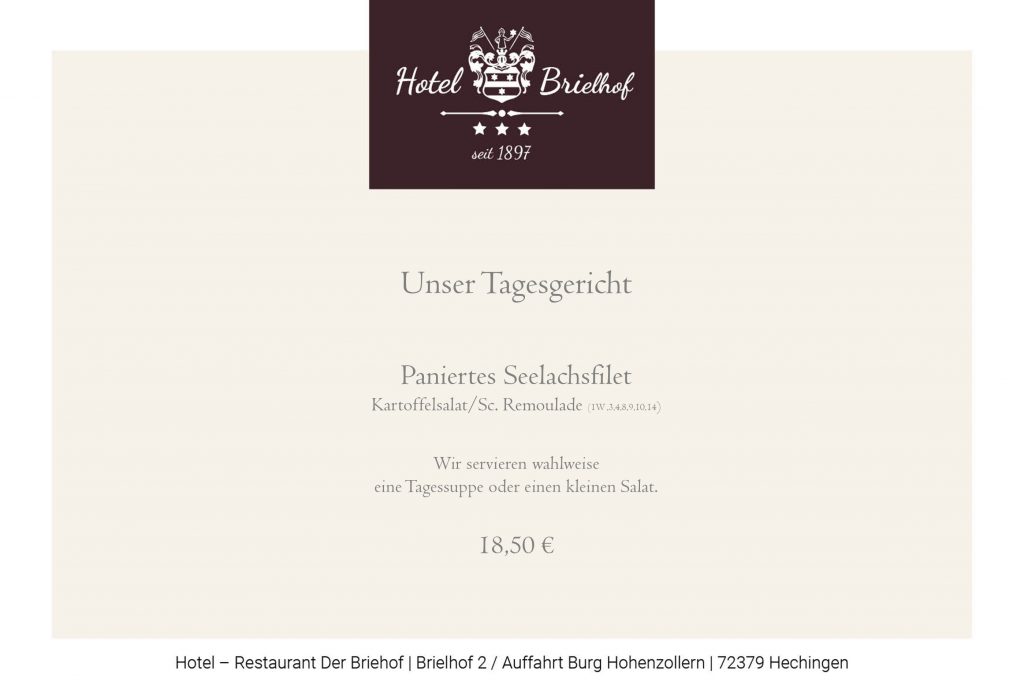 Unser Lunchangebot der Woche : Paniertes Seelachsfilet mit Kartoffelsalat und Sauce Remoulade. Wahlweise einen kleinen Salat oder eine Tagessuppe vorweg. Zum Preis von EUR 18,50.