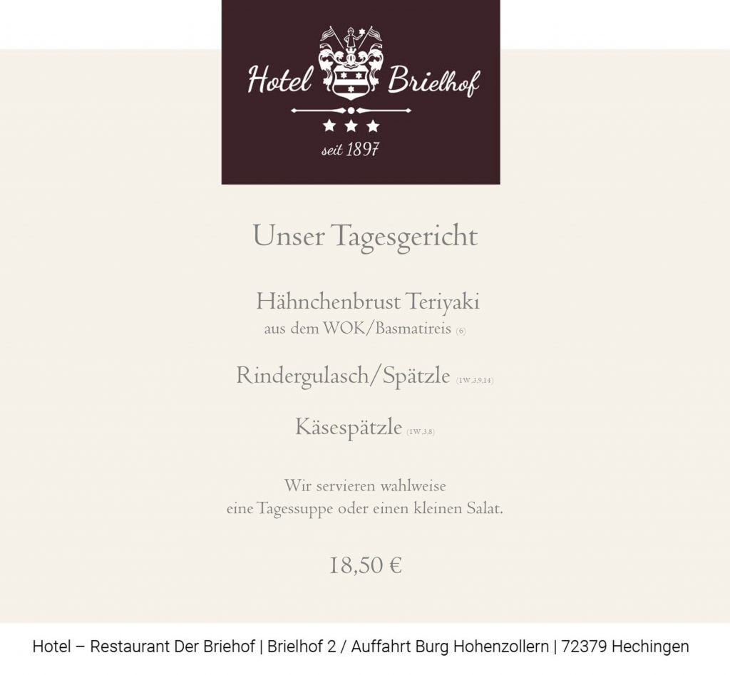 Unser Lunchangebot: Rindergulasch mit Spätzle oder Hähnchenbrust Teriyaki aus dem WOK mit Basmatireis. Als vegetarisches Gericht - Käsespätzle. Zu allen Gerichten servieren wir vorab einen kleinen Salat oder eine Tagessuppe. Alle Gerichte zu EUR 18,50.