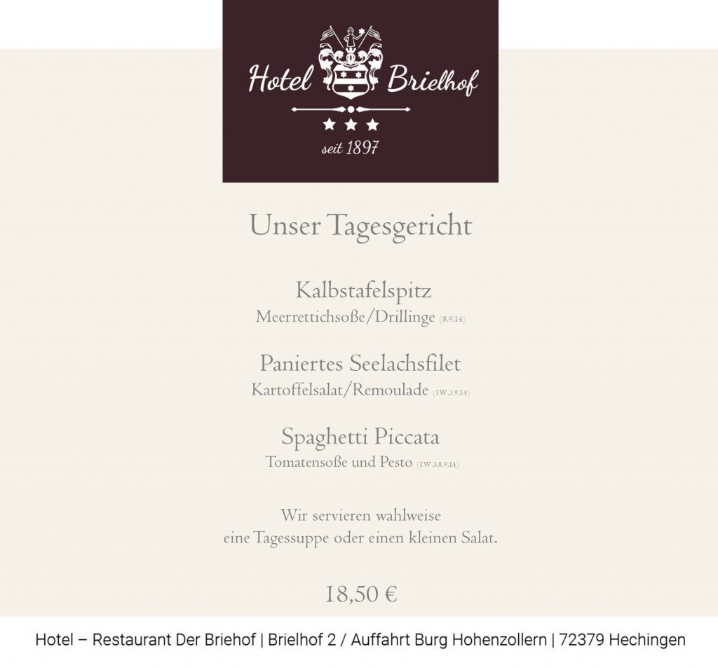 Unser Lunchangebot: Kalbstafelspitz mit Meerrettichsoße und Drillinge sowie Panierter Seelachs mit Kartoffelsalat und Remoulade. Als vegetarische Variante Spaghetti Piccata mit Tomatensoße und Pesto. Zu allen Gerichten servieren wir einen kleinen Salat oder eine Tagessuppe vorab. Alle Gerichte zu EUR 18,50.