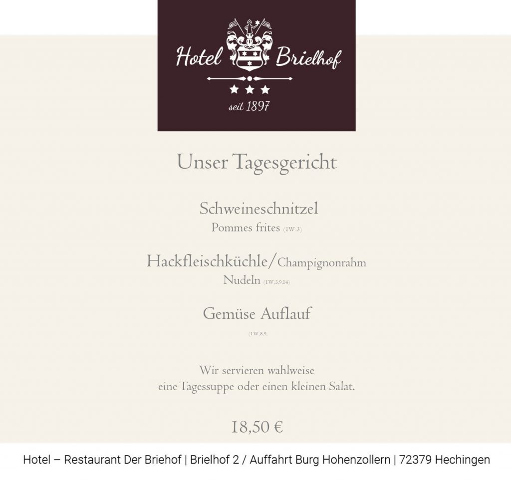 Unser wöchentlicher Lunch -Schweineschnitzel mit Pommes frites oder Hackfleischküchle mit Champignonrahm und Nudeln. Die vegetarische Variante: Gemüse Auflauf. Zu allen Gerichten servieren wir vorab einen Tagessalat oder eine Tagessuppe. Alle Gerichte zu EUR 18,50.