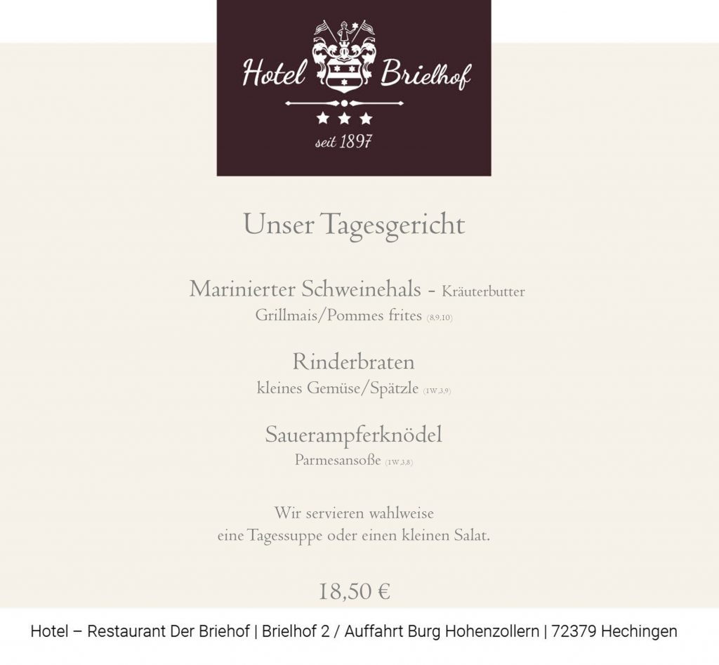 Unser Lunchangebot: Schweinenacken mariniert mit Pommes frites oder Rinderbraten mit kleinem Gemüse und Spätzle. Als vegetarisches Gericht: Sauerampfelknödel. Zu allen Gerichten servieren wir wahlweise einen Salat oder eine Tagessuppe. Alle Gerichte zu EUR 18,50.