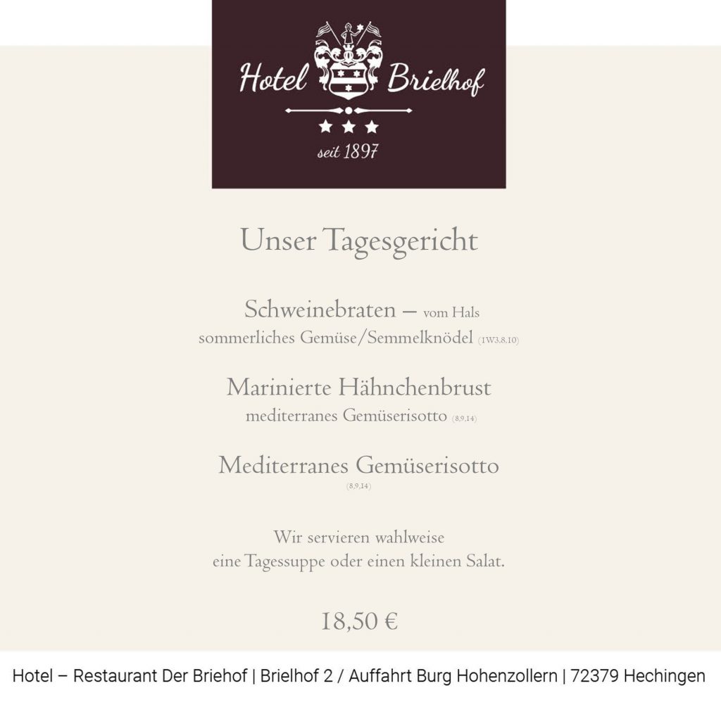 Unser Lunchangebot: Schweinebraten vom Hals mit sommerlichem Gemüse und Semmelknödel oder marinierte Hähnchenbrust mit mediterranem Gemüserisotto. Als vegetarische Variante mediterranes Gemüserisotto. Zu allen Gerichten servieren wir wahlweise einen Salat oder eine Tagessuppe. Alle Gerichte zu EUR 18,50.