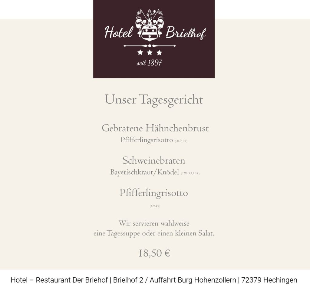 Unser Wochenangebot : Gebratene Hähnchenbrust auf Pfifferlingsrisotto oder Schweinebraten mit Bayerischkraut und Knödel. Als vegetarisches Gericht servieren wir Pfifferlingsrisotto. Zu allen Gericht können Sie einen kleinen Salat oder eine Tagessuppe wählen. Alle Gerichte zu EUR 18,50.